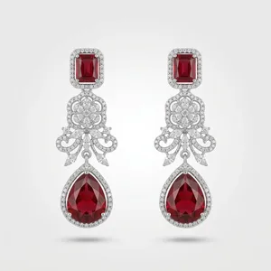Classic Silver-Plated Ruby Zircon Necklace Set with Pear <b>Cut</b> <b>Stones</b> Gala Style Women Indian Wedding Bridal Jewelry - Product Image 2