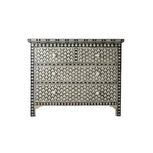 Bone Inlay Chest of Drawers, Black and White, Floral Geometric Pattern, 4 Drawer Dresser Ottomans - Product Image 5