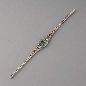Pulsera de eslabones Art Deco vintage para mujer con circonita verde corte esmeralda en oro blanco de 14K, joyería para fiesta - Product Image 4
