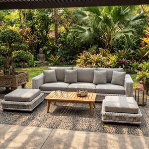 Outdoor White Rattan Woven Sectional Sofa Set Mahogany Wood Frame Wicker Furniture Cushion Ottoman Coffee Table Setup Art - Product Image 2
