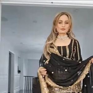 Ensemble Sharara en Georgette Noire Brodé par Shimar Designer, comprenant un Haut en Faux Georgette Brodé de Paillettes et un Sharara avec Dupatta - Product Image 1