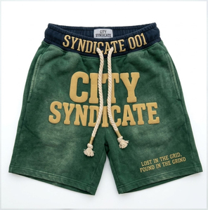 Custom Men's green Vintage Washed Breathable Winter Patch Zip Hoodie Shorts <b>Set</b> Heavyweight Cotton Streetwear OEM Private Label - Product Image 3