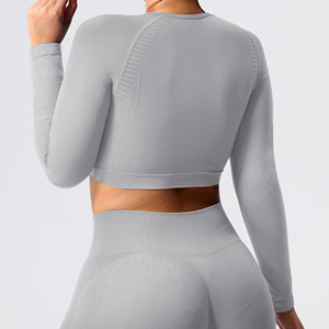 <b>Women's</b> Seamed High Waisted Yoga Leggings Crop <b>Top</b> Set Full Length Long Sleeve Crew Neck Solid Color 4 Way Stretch Front - Product Image 5