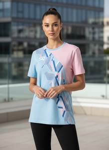 T-shirt en molleton français pour femme de qualité supérieure - 350 GSM - Bleu et rose - Logo SQS - Product Image 2