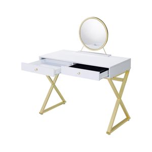 Rectangular White and Gold <b>Vanity</b> Desk with <b>Mirror</b> and Jewelry Tray Perfect Makeup <b>Vanity</b> - Product Image 4