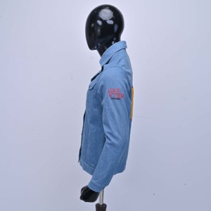 <b>Mens</b> Light Blue Denim Racer <b>Jackets</b> Turn-Down Collar Embroidered Letter Logo Left Sleeve Casual Autumn Wear <b>Bike</b> Racer <b>Jackets</b> - Product Image 4