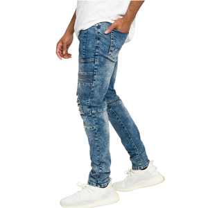 Pantalons en denim stretch déchirés à panneaux côtelés de style moto pour hommes, look motard tendance, streetwear décontracté, vente en gros OEM ODM - Product Image 6