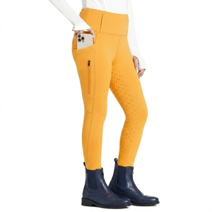 Pantalones de equitación de punto para mujer, de cintura alta, con bolsillos y cierre de cremallera, largos, color beige. - Product Image 2