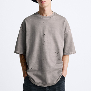 T-shirt décontracté personnalisé pour hommes, effet vieilli, haute qualité, vintage, respirant, 100% coton, tissu en toile, prix abordable - Product Image 4