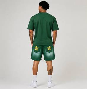 Shorts Bermuda Verts Imprimés Alpha pour Hommes avec Motif Étoile, Taille Élastique Décontractée, en Coton Respirant, Brodés - Product Image 4
