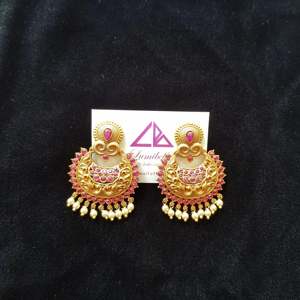 Matte Gold Plated Hoop Drop Earrings with Ruby Stone and Pearl - Product Image 1