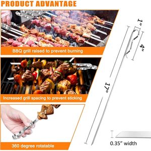 Set of 6 Stainless Steel Shish Kabob Skewers 17\" Long 0.35\" Wide with 2 Grill Racks and 1 Storage Case <b>BBQ</b> Accessories - Product Image 3