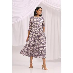 Vestido midi con estampado floral para mujer, vestido informal con cuello redondo y manga larga - Product Image 1