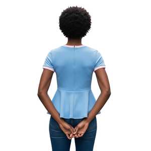 Camiseta JJ Peplum Ringer para Mujer, Manga Corta, Ribete en Contraste, Dobladillo Acampanado, Estilo Casual Griego, Top de Algodón - Product Image 4