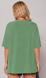 Camiseta Verde Extra Grande para Mujer, Estilo Groovy, Corte Holgado, Cuello Redondo, Manga Corta, Primavera Verano, Jersey de Algodón - Product Image 3