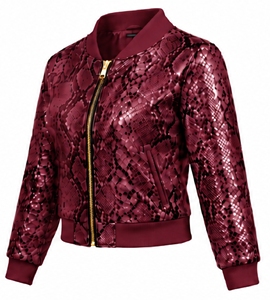 Chaqueta bomber con estampado de serpiente color burdeos para mujer, con cremallera, cuello alto, manga larga, abrigo corto informal - Product Image 3