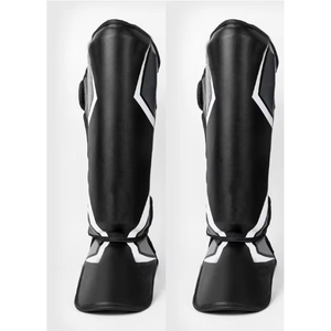 Premium Genuine <b>Leather</b> Shin Guard Black <b>White</b> Accents Hook Loop Closure Lightweight Professional Protection Breathable Sports - Product Image 5