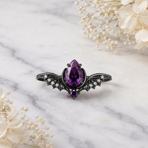 Anillo Gótico de Plata de Ley 925 Maciza con Amatista en Forma de Pera, Bañado en Oro Negro y Rodio, Conjunto de Anillos de Boda para Pareja con Gema, Ideal para Fiestas - Product Image 1