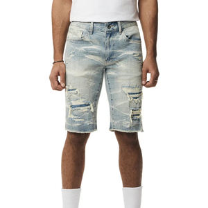 Shorts en jean pour hommes, taille élastique, délavé clair, respirant, style streetwear, haute qualité, avec logo personnalisé imprimé – Meilleures ventes - Product Image 1