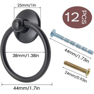12 pz Maniglie Nere ad Anello per Cassetti e Armadietti, in Lega di Zinco, con Foro Singolo, Pomelli per Comò, Maniglie e Pomelli per Mobili, Ferramenta - Product Image 2