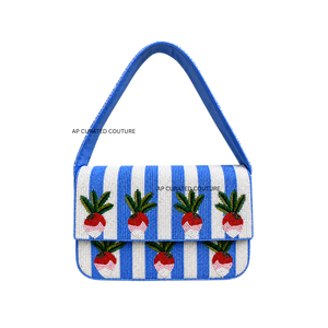 Preppy Style Striped Canvas beaded <b>Shoulder</b> <b>Bag</b> With Embroidered Radish Pattern Blue <b>White</b> Summer Women's Handbag <b>shoulder</b> <b>bags</b> - Product Image 1