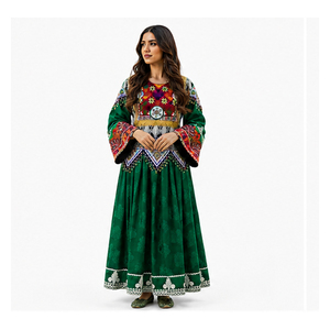 Vestido Tradicional Indio-Pakistaní para Mujer, Verde, Bordado, Largo hasta el Suelo, Holgado, de Algodón, para Bodas, Estilo Étnico Afgano Kuchi - Product Image 2
