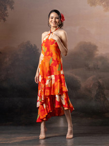 Robe midi évasée à imprimé floral, col licou, à volants, décolleté plongeant, sans manches, style sling, dos nu, taille naturelle, style élégant - Product Image 4