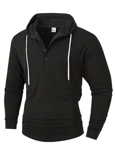 Unisex Vintage Style Casual Plus Size Comfortable Skin-Friendly Trendy Home Wear Button-<b>Up</b> Hooded Long Sleeve Henley Hoodie - Product Image 3