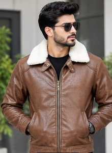 <b>Men's</b> <b>Brown</b> <b>Leather</b> <b>Jacket</b> With Faux Fur Zipper Closure - Product Image 5
