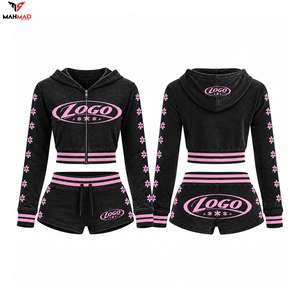 Wholesale Women Custom 2 Piece Shorts Set Custom Logo Cropped Hoodie <b>Velour</b> <b>Tracksuit</b> Streetwear Hoodie Short Set Sweatsuit - Product Image 4