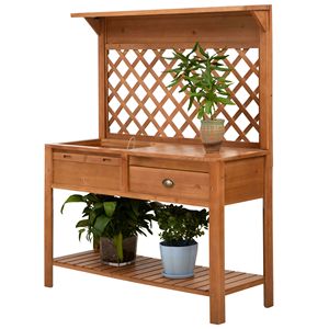 Panca da Giardino in Legno per Esterni con Ganci per Cassetti in Metallo, Ripiano Portaoggetti e Schienale a Griglia per Uso in Centri Commerciali o Parchi - Product Image 1