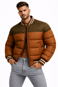 <b>Mens</b> Brown Hooded Color Block Varsity Puffer <b>Jacket</b> Winter Quilted Waterproof Breathable Eco-Friendly Zip Front Custom OEM ODM - Product Image 4