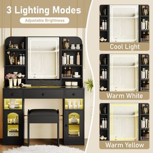 Tocador con Espejo LED de 43.2 Pulgadas, Gabinetes con Luces RGB, Superficie de Vidrio, 3 Cajones, Tocador de Maquillaje de ST - Product Image 6