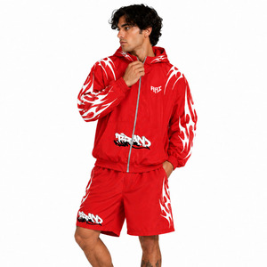 Trendy Red Custom Men's Graphic Gothic Logo Hoodies & Windbreaker Men Jacket & Shorts Set Streetwear Sportswear OEM Manufacturer - Product Image 4