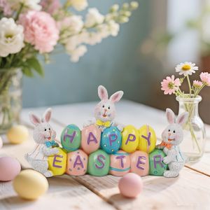 ตุ๊กตากระต่ายเรซิ่นเพ้นท์มือ ของตกแต่งอีสเตอร์สำหรับบ้าน สำนักงาน และงานเลี้ยง ของประดับตกแต่งโต๊ะกลาง ของตกแต่งรูปไข่ - Product Image 1