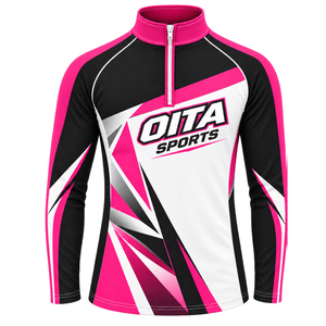 เสื้อแจ็คเก็ตสปอร์ตสีชมพูร้อนแรง แขนยาว คอซิป 1/4 สีดำ เสื้อออกกำลังกายสำหรับฝึกซ้อม ทีมกีฬา เสื้อวิ่ง เสื้อผ้ากีฬาสำหรับออกกำลังกาย - Product Image 1