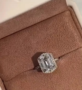 Trendy 925 Moissanite <b>Emerald</b> Cut Halo Engagement <b>Ring</b> Travel <b>Rings</b> In Sterling <b>Silver</b> Yellow Gold Plated for Women's - Product Image 2