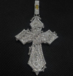 Luxury Iced Out Gothic Cross Pendant Necklace with Moissanite Stones Hip Hop Statement Jewelry <b>Silver</b> Finish - Product Image 1