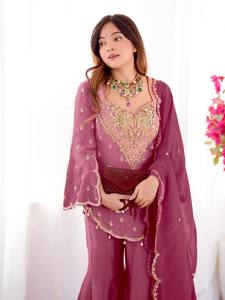 Conjunto de traje Sharara de seda Simar bordado para mujer con dupatta, ropa tradicional india y pakistaní para fiestas y bodas - Product Image 3