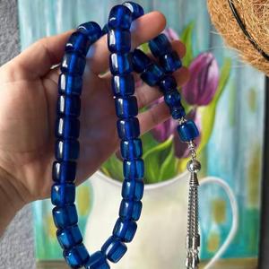 Rosario de oración islámico de Ramadán, hecho a mano, de lujo, con cuentas de resina azul, patrón geométrico, forma rectangular, pulido, con borla. - Product Image 1