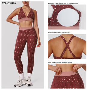 Ensemble de vêtements de sport personnalisés à pois pour femmes, fabricant et fournisseur de vêtements de fitness et de yoga (soutien-gorge et leggings) - Product Image 4