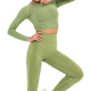 Conjunto de Yoga de 2 Piezas, Top Corto de Manga Larga, Cintura Alta, Conjunto Deportivo Sin Costuras, Ropa de Gimnasio Transpirable, Color Verde Sólido - Product Image 3