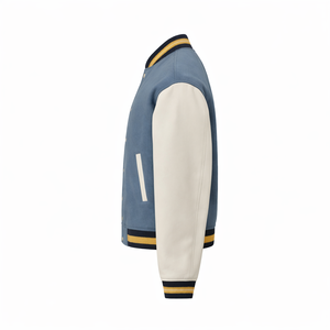 Men's Blue White Varsity Jacket Turn-down Collar Button Front Regular Fit Casual Winter Solid Color 100% <b>Wool</b> Breathable - Product Image 5