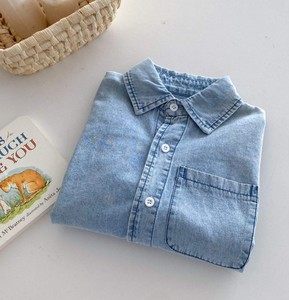 Camisa vaquera a rayas para niños, manga larga, informal, con cuello vuelto y bolsillos, lavada, de corte holgado, manga completa - Product Image 5