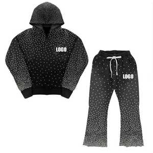 Custom OEM Women Rhinestone Tracksuit Heavyweight Fleece Hoodie and Flare Sweatpants Set Sparkly Crystal Bling Sweatsuit - Product Image 2