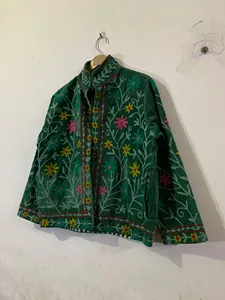 Vintage Green <b>Velvet</b> Embroidered Suzani <b>Jacket</b> with Floral Pattern Full Sleeve Stand Collar Bohemian <b>Women's</b> Autumn Outerwear - Product Image 2
