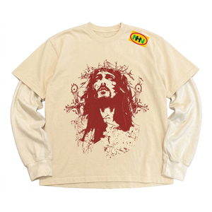Orange Men's T-<b>Shirt</b> With <b>Jesus</b> Print Contrast Sleeve Casual O-Neck 100% Cotton Jersey Short Sleeve - Product Image 3