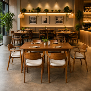 Ensemble de salle à manger Hiroshima en teck massif de qualité supérieure, design scandinave moderne, durable, pour toute la famille, 6 chaises - Product Image 2