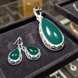 925 Sterling Silver Green Onyx Jewelry Set Teardrop Pendant Earrings Ring Bezel Setting Women's Classic Everyday Wear - Product Image 3
