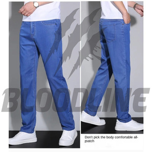 BLOODLINE Jean droit pour homme en denim de coton bleu, décontracté, respirant, style Hip Hop, déchiré, léger, coupe droite, taille mi-haute, idéal pour l'été - Product Image 5